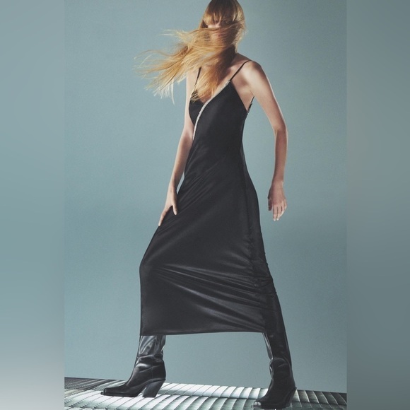 New BLACK SATIN EFFECT RHINESTONE MIDI DRESS V Neck With Mesh - Picture 10 of 14